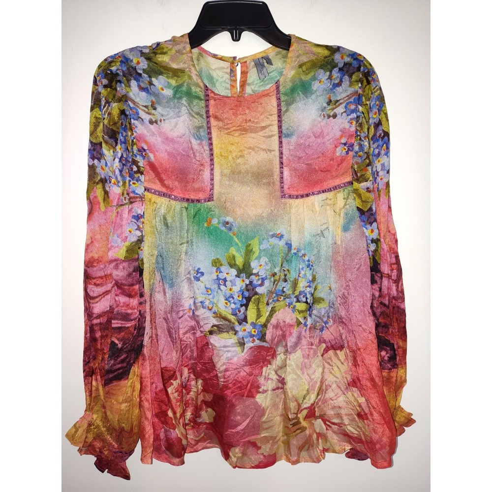 Blank London Women Small Floral Watercolor Metallic Shimmer Blouse Long Sleeve